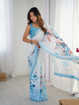 White & Blue Floral Print Heavy Chinnon Saree with Mirror Lace