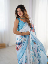 White & Blue Floral Print Heavy Chinnon Saree with Mirror Lace
