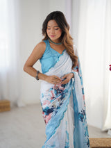 White & Blue Floral Print Heavy Chinnon Saree with Mirror Lace