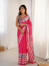 Rani Pink Chinnon Saree with Kutchi Mirror Work Border