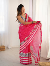 Rani Pink Chinnon Saree with Kutchi Mirror Work Border