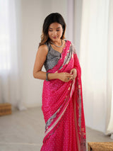 Rani Pink Chinnon Saree with Kutchi Mirror Work Border