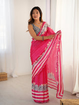 Rani Pink Chinnon Saree with Kutchi Mirror Work Border