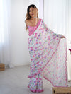 DVS-65 White Floral Chinnon Saree with Mirror Border