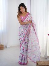 DVS-65 White Floral Chinnon Saree with Mirror Border
