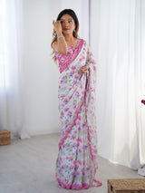 DVS-65 White Floral Chinnon Saree with Mirror Border