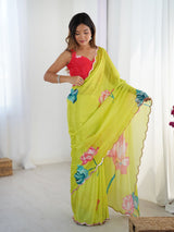 Vibrant Lime Green Chinnon Saree with Floral Print & Mirror Work