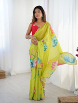Vibrant Lime Green Chinnon Saree with Floral Print & Mirror Work