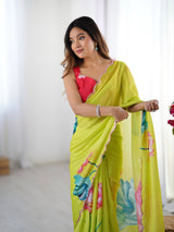 Vibrant Lime Green Chinnon Saree with Floral Print & Mirror Work