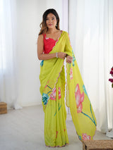 Vibrant Lime Green Chinnon Saree with Floral Print & Mirror Work