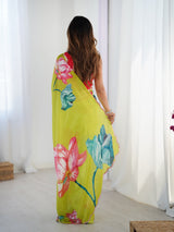 Vibrant Lime Green Chinnon Saree with Floral Print & Mirror Work