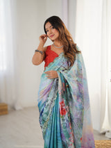 DVS-67 Multicolor Chinnon Saree with Kutchi Mirror Border