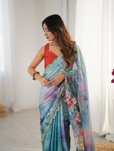DVS-67 Multicolor Chinnon Saree with Kutchi Mirror Border
