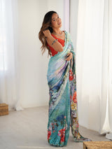 DVS-67 Multicolor Chinnon Saree with Kutchi Mirror Border