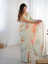 Elegant Green Chinnon Saree with Floral Print & Mirror Border