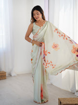 Elegant Green Chinnon Saree with Floral Print & Mirror Border