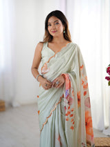 Elegant Green Chinnon Saree with Floral Print & Mirror Border