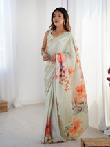 Elegant Green Chinnon Saree with Floral Print & Mirror Border