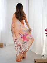 Peach Floral Chinnon Saree with Kutchi Mirror Lace Border