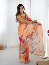 Peach Floral Chinnon Saree with Kutchi Mirror Lace Border