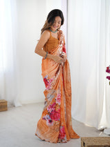 Peach Floral Chinnon Saree with Kutchi Mirror Lace Border