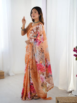 Peach Floral Chinnon Saree with Kutchi Mirror Lace Border