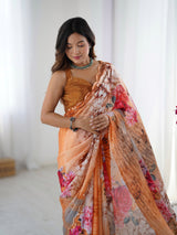 Peach Floral Chinnon Saree with Kutchi Mirror Lace Border