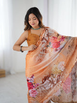 Peach Floral Chinnon Saree with Kutchi Mirror Lace Border
