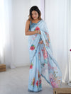 Sky Blue Floral Chinnon Saree with Mirror Work Border