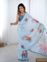 Sky Blue Floral Chinnon Saree with Mirror Work Border