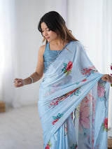 Sky Blue Floral Chinnon Saree with Mirror Work Border