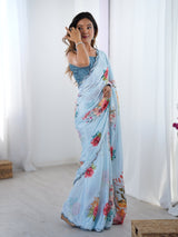 Sky Blue Floral Chinnon Saree with Mirror Work Border