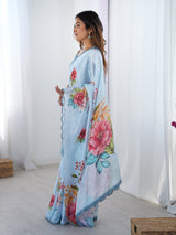 Sky Blue Floral Chinnon Saree with Mirror Work Border