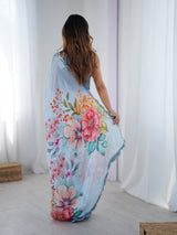 Sky Blue Floral Chinnon Saree with Mirror Work Border