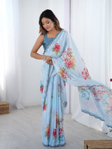 Sky Blue Floral Chinnon Saree with Mirror Work Border