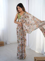 Cream Floral Print Chinnon Saree with Mirror Work Border