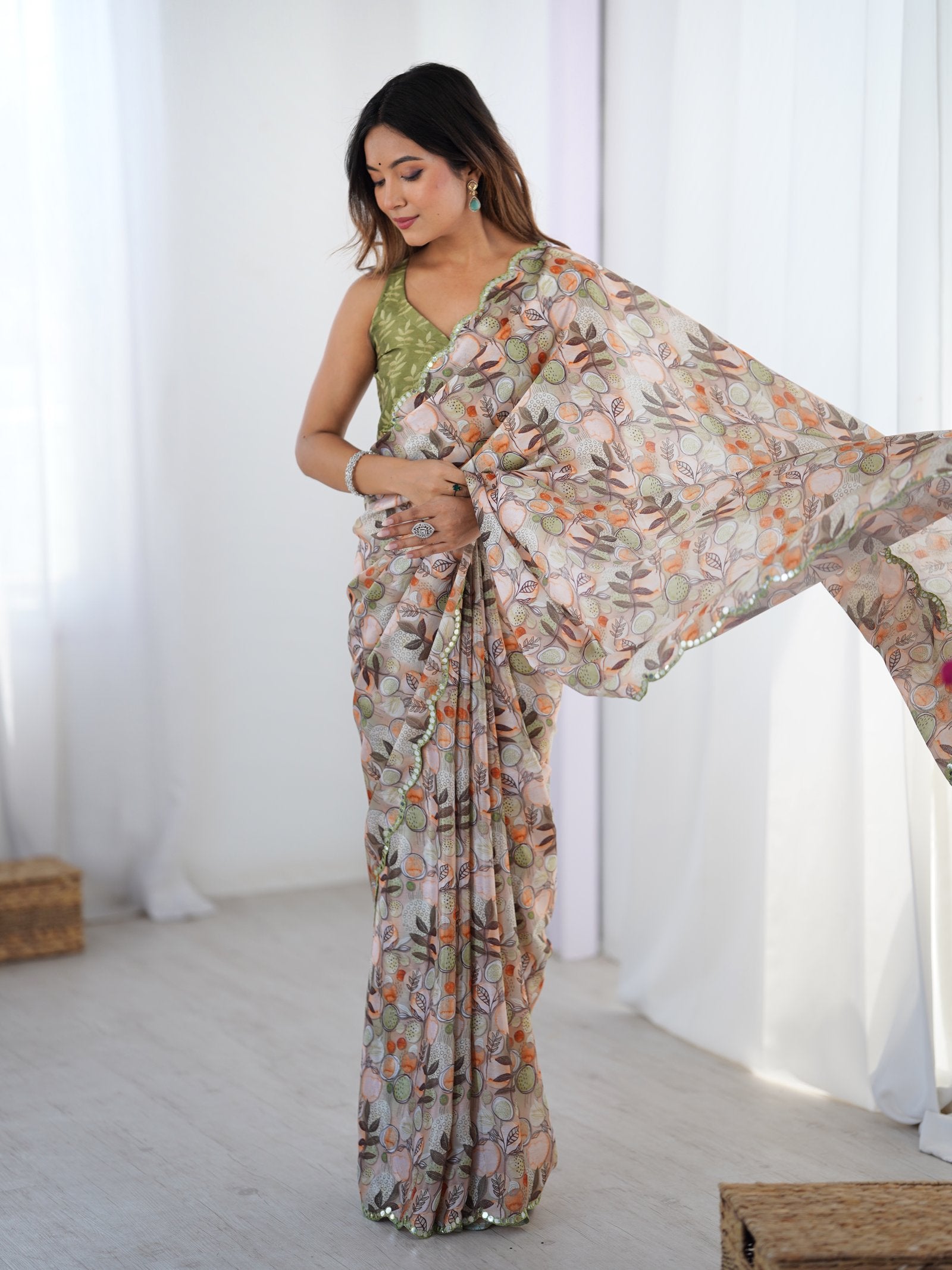 Cream Floral Print Chinnon Saree with Mirror Work Border