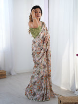 Cream Floral Print Chinnon Saree with Mirror Work Border