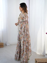 Cream Floral Print Chinnon Saree with Mirror Work Border