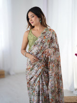 Cream Floral Print Chinnon Saree with Mirror Work Border