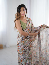 Cream Floral Print Chinnon Saree with Mirror Work Border