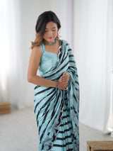 Aqua Blue & Black Printed Chinnon Saree with Kutchi Mirror Border