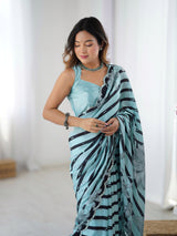 Aqua Blue & Black Printed Chinnon Saree with Kutchi Mirror Border