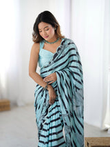 Aqua Blue & Black Printed Chinnon Saree with Kutchi Mirror Border