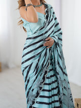 Aqua Blue & Black Printed Chinnon Saree with Kutchi Mirror Border