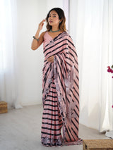 Pink Chinnon Saree with Striped & Floral Print