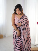 Pink Chinnon Saree with Striped & Floral Print