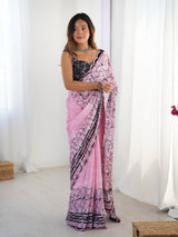 Pink Heavy Chinnon Saree with Kutchi Work Mirror Lace Border