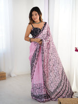 Pink Heavy Chinnon Saree with Kutchi Work Mirror Lace Border
