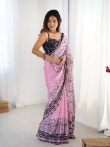 Pink Heavy Chinnon Saree with Kutchi Work Mirror Lace Border